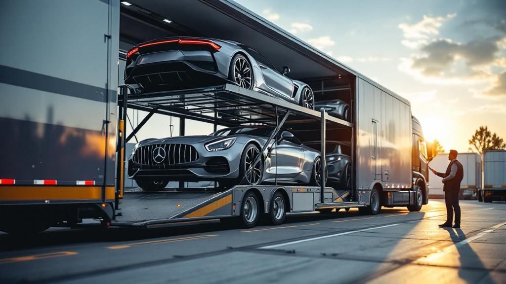 Professional auto transport driver loading vehicle